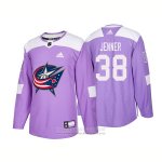 Camiseta Hockey Columbus Blue Jackets 38 Boone Jenner Autentico 2018 Fights Cancer Violeta